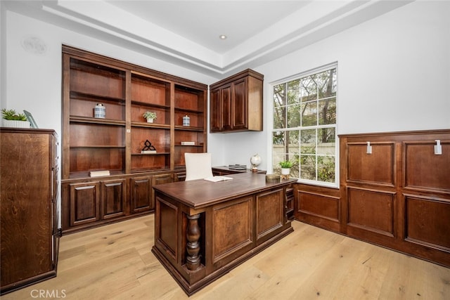 office with a tray ceiling and light hardwood / wood-style flooring