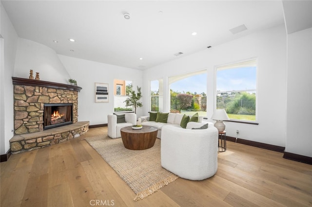 living room featuring a fireplace and light wood-type flooring