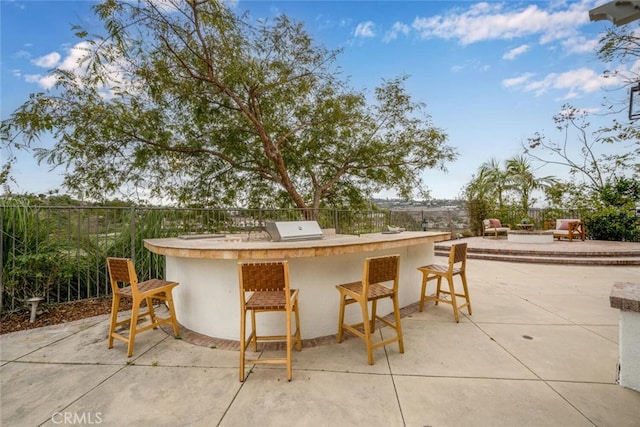 view of patio featuring an outdoor kitchen and exterior bar