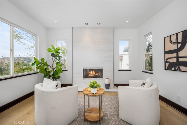 living area with a fireplace and light hardwood / wood-style floors