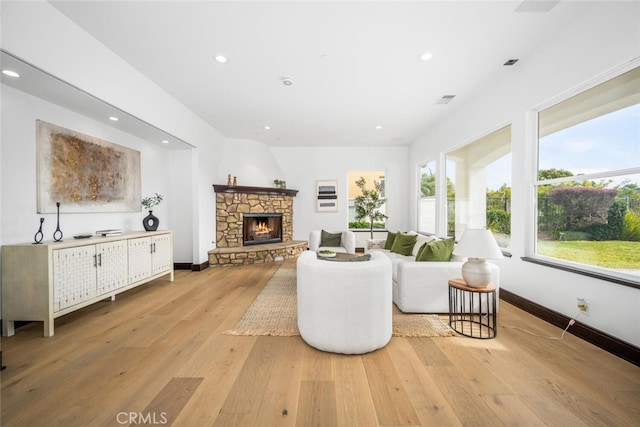 living room featuring a fireplace and light wood-type flooring