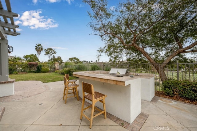 view of patio featuring area for grilling, grilling area, and exterior bar