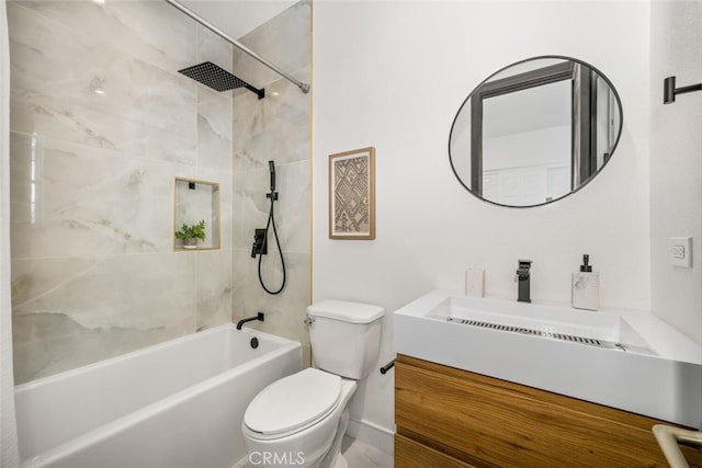 full bathroom with tiled shower / bath combo, vanity, and toilet