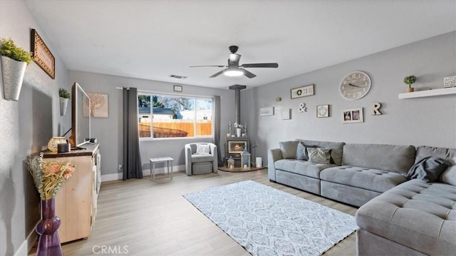 living room featuring ceiling fan, a wood stove, and light wood-type flooring