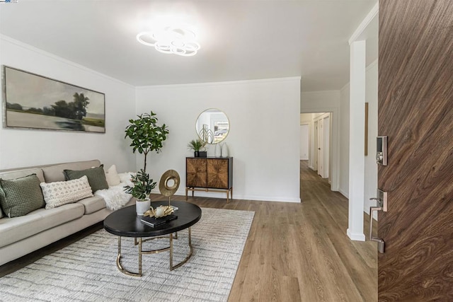 living room featuring ornamental molding and light wood-type flooring