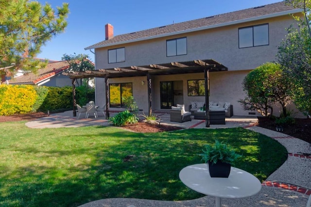 rear view of property featuring a pergola, an outdoor hangout area, a lawn, and a patio area