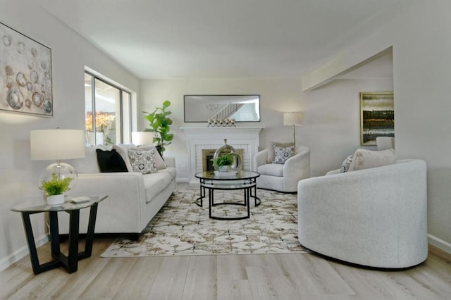 living room featuring light hardwood / wood-style flooring and a fireplace