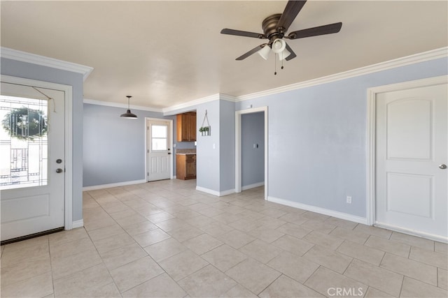 unfurnished living room featuring light tile patterned flooring, ceiling fan, and ornamental molding