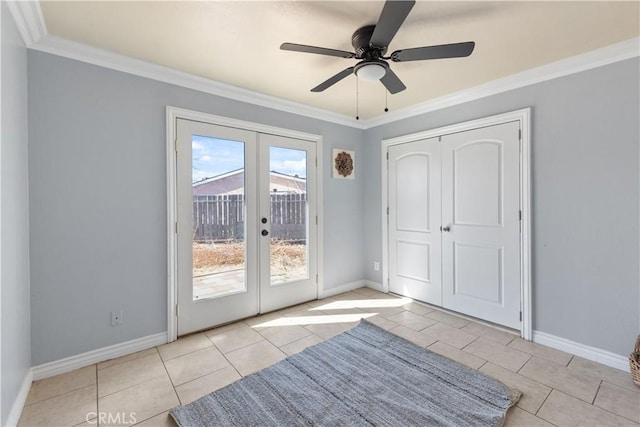 doorway featuring french doors, ceiling fan, ornamental molding, and light tile patterned floors