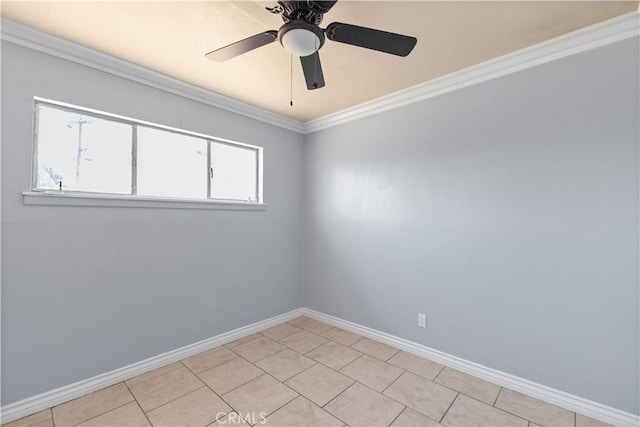 tiled empty room featuring ornamental molding and ceiling fan