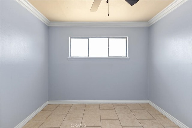 tiled spare room featuring crown molding and ceiling fan