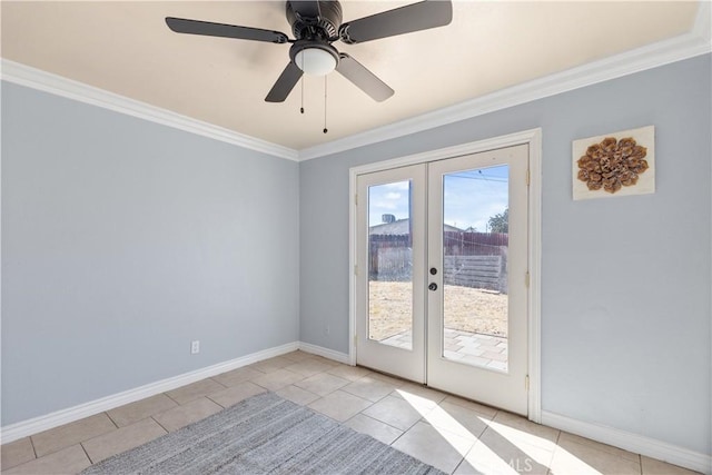 entryway featuring french doors, ceiling fan, crown molding, and light tile patterned floors