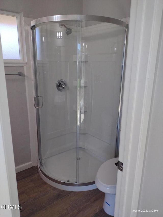 full bathroom with a shower stall, toilet, and wood finished floors