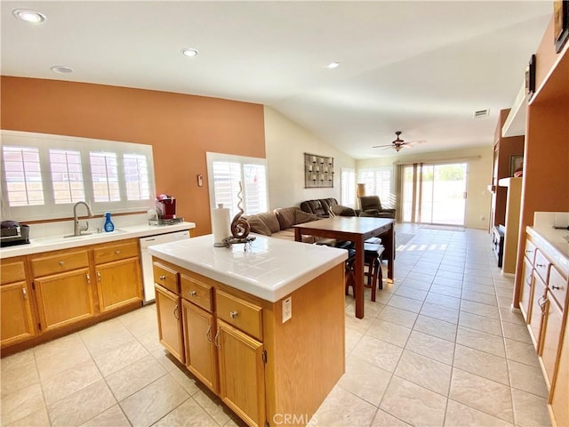 81060 Paloma Cir, Indio, CA 92201 - kitchen featuring dishwasher, lofted ceiling, a sink, a ceiling fan, and open floor plan