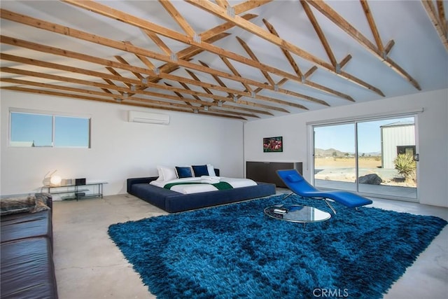 bedroom with lofted ceiling, a wall mounted air conditioner, concrete floors, and access to outside