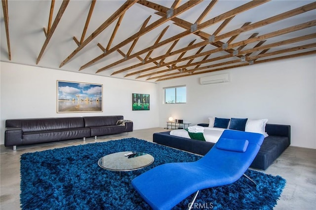 living room featuring vaulted ceiling and a wall unit AC