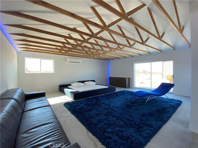 living room featuring lofted ceiling, a wall mounted AC, and a wealth of natural light