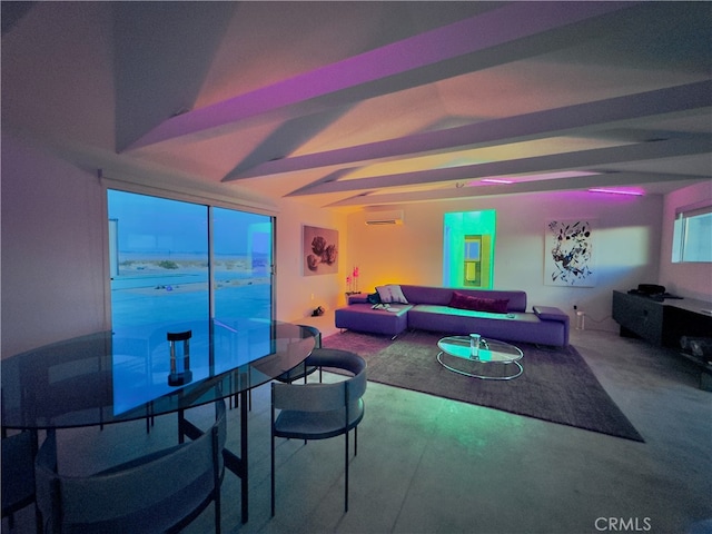 living room with a water view, a wall unit AC, and beamed ceiling