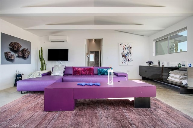 living room featuring an AC wall unit and vaulted ceiling with beams