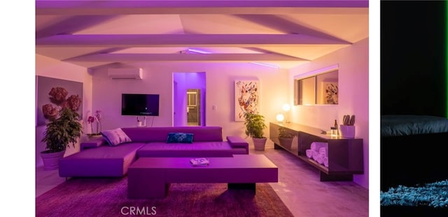 living room with vaulted ceiling with beams, an AC wall unit, and carpet flooring