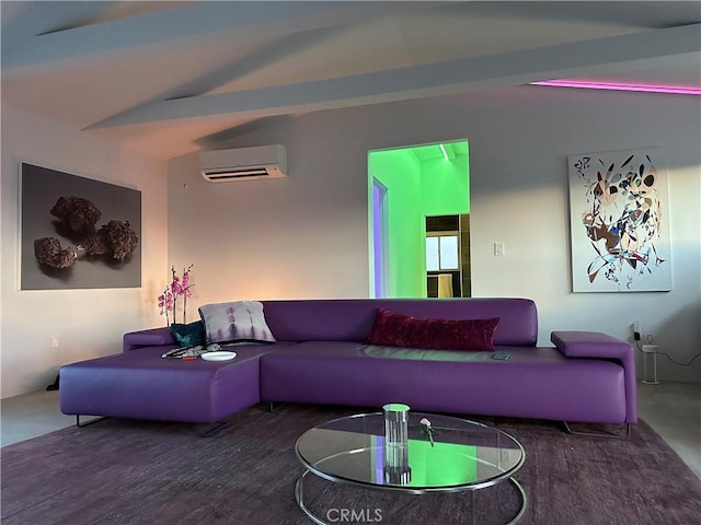 living room with lofted ceiling and a wall unit AC