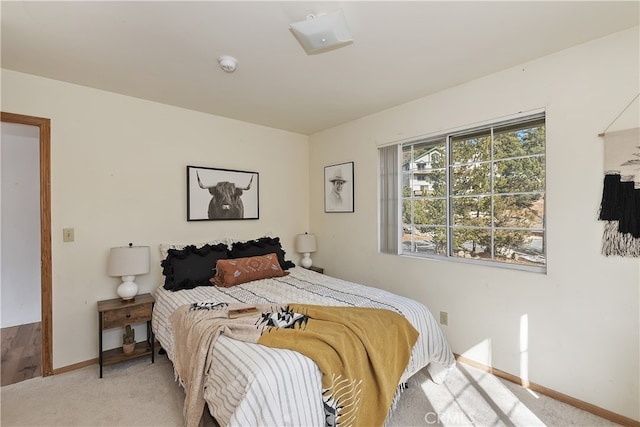 bedroom with light carpet