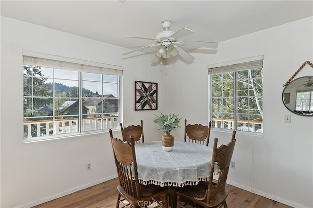 dining room featuring ceiling fan and wood-type flooring