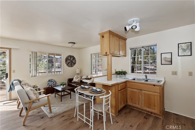 kitchen featuring sink, light hardwood / wood-style floors, and kitchen peninsula