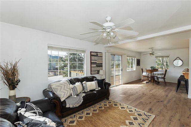 living room featuring hardwood / wood-style floors and ceiling fan