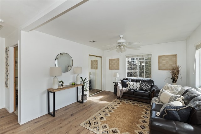 living room featuring ceiling fan, wood-type flooring, and a wealth of natural light