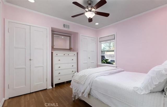 bedroom with crown molding, two closets, dark wood-type flooring, and ceiling fan