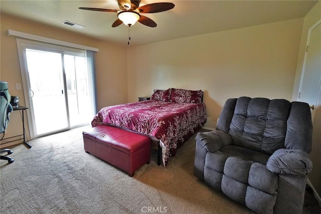 bedroom with light carpet, access to outside, and ceiling fan