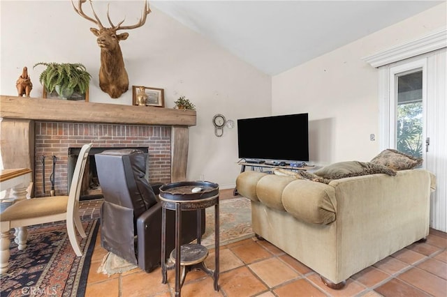 living room featuring lofted ceiling and a fireplace