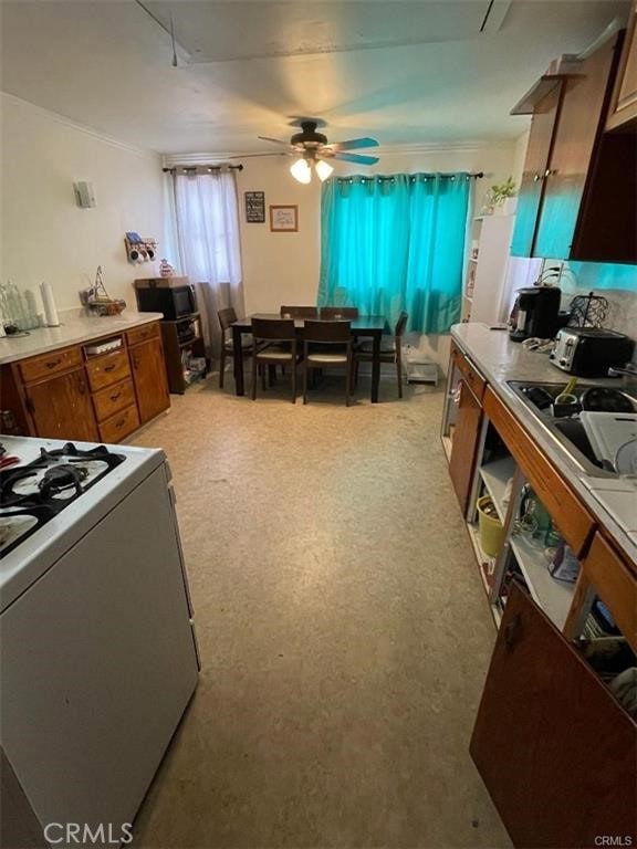 kitchen with ceiling fan, stovetop, white gas range oven, and light carpet