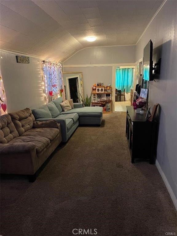 living room featuring lofted ceiling, dark carpet, and crown molding