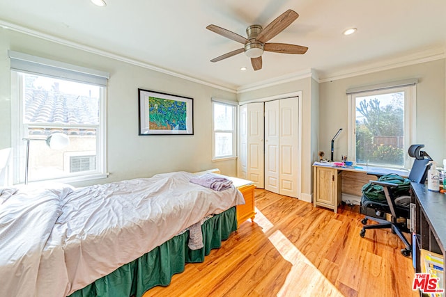 bedroom with ornamental molding, a closet, ceiling fan, and light wood-type flooring