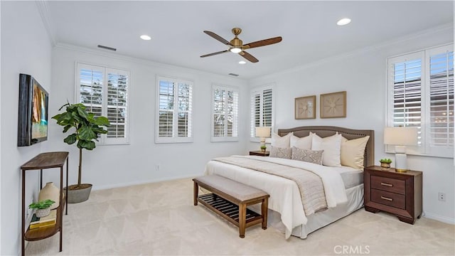 bedroom featuring light carpet, crown molding, and ceiling fan