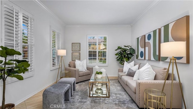 living room with hardwood / wood-style floors and crown molding