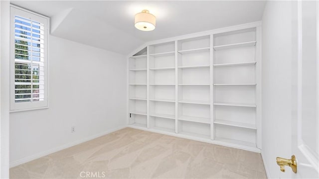 walk in closet featuring vaulted ceiling and light carpet