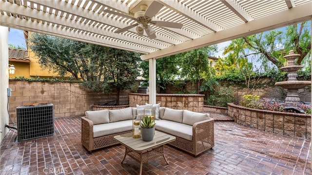 view of patio featuring an outdoor hangout area, cooling unit, ceiling fan, and a pergola