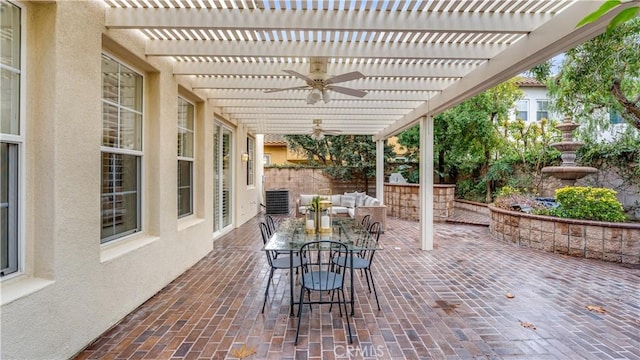 view of patio / terrace featuring a pergola, an outdoor hangout area, and ceiling fan