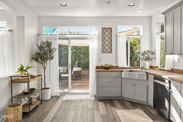 doorway to outside with a healthy amount of sunlight, sink, and dark hardwood / wood-style flooring