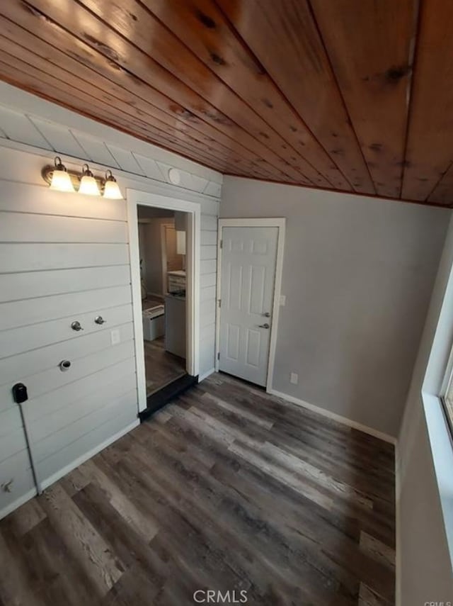 interior space with dark hardwood / wood-style flooring and wood ceiling