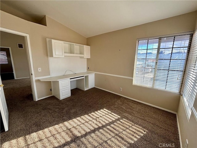 30340 Channel Way Dr, Canyon Lake, CA 92587 - unfurnished office with baseboards, vaulted ceiling, a wealth of natural light, and dark colored carpet
