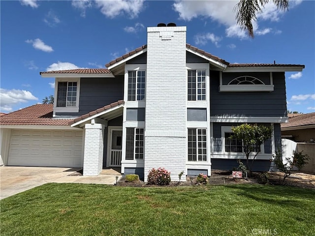 30340 Channel Way Dr, Canyon Lake, CA 92587 - exterior space featuring a yard, a chimney, a tiled roof, an attached garage, and driveway