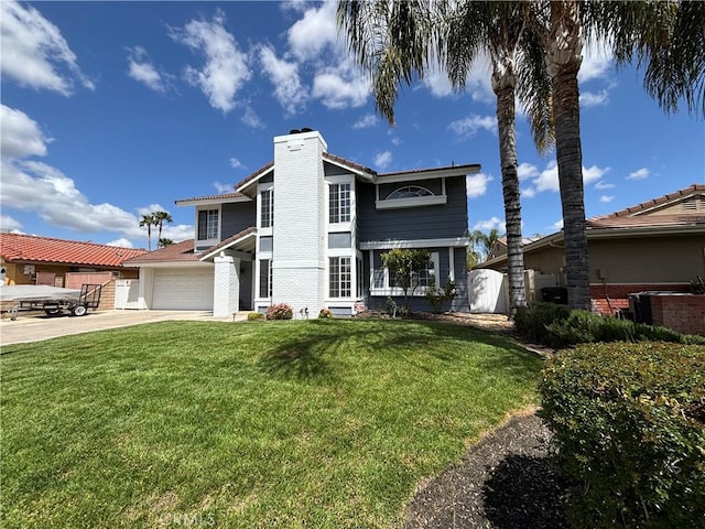 30340 Channel Way Dr, Canyon Lake, CA 92587 - view of front of home featuring a garage, a front lawn, driveway, and a chimney