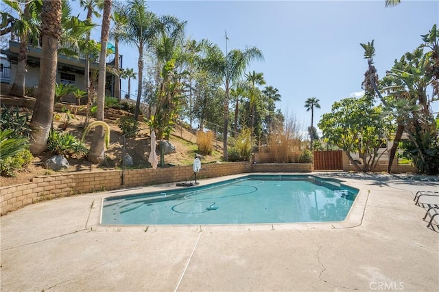 outdoor pool featuring a patio and a fenced backyard