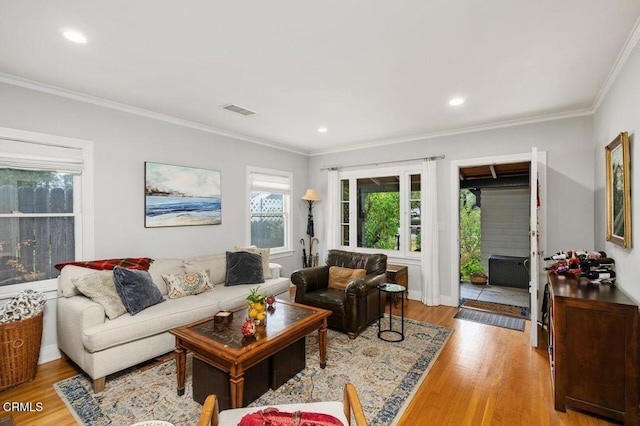 living room featuring crown molding and light hardwood / wood-style floors