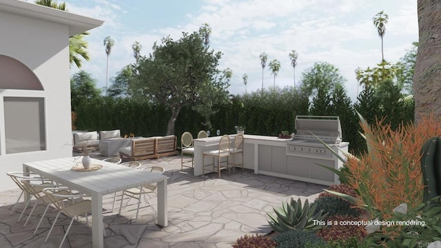 view of patio / terrace with grilling area, an outdoor hangout area, and exterior kitchen