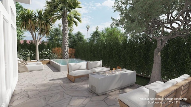 view of patio / terrace with an outdoor living space with a fire pit
